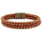 BRONZ MANYETİK KLİPS İKİ SIRA TABA ÖRGÜ DERİ ERKEK BİLEKLİK M030E