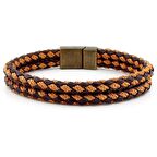 BRONZ MIKNATIS İKİ SIRA KAHVE TABA ÖRGÜ DERİ ERKEK BİLEKLİK M030F