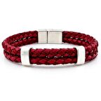 Metal Manyetik Klips Çift Sıra Bordo Örgü Deri Erkek Bileklik M039D
