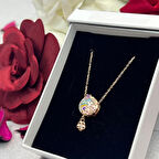 Gökkuşağı ve Mineli Çiçek Sallantılı Kadın Kolyesi 925 Ayar Gümüş Zincirli Rose Gold Kaplama Zirkon Taşlı