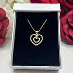 Zirkon Taşlı İç İçe Kalp Kadın Kolyesi 925 Ayar Gümüş Zincirli Altın Kaplam