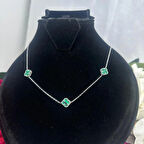 Van Cleef Yonca 3'lü Yeşil Taşlı Kadın Kolyesi 925 Ayar Gümüş Rodyumlu 8 mm