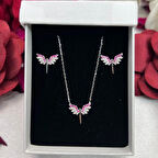 Kırmızı Melek Kanadı Kadın 2'li Setii 925 Ayar Gümüş Rodyumlu Zirkon Taşlı