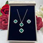 Van Cleef Yonca Yeşil Taşlı Kadın 3'lü Seti 925 Ayar Gümüş Radyumlu 12 mm