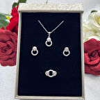 Pembe Taşlı Halka Kadın 2'li Seti 925 Ayar Gümüş Rodyumlu Zirkon Taşlı