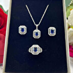 Safir Mavisi Baget Kadın 3'lü Takı Seti 925 Ayar Gümüş Zirkon Taşlı