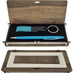 Mavi Kalem Ve Anahtarlık Ahşap Kutulu Set