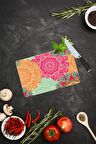 Kırmızı Turuncu Mandala Desenli Cam Kesme Tahtası|  20 Cm X 30 Cm