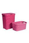 Hasır Desenli Plastik Pembe Çamaşır Sepeti & Pembe Çamaşır Selesi
