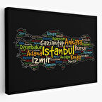 Siyah Zeminde İl İsimleri Tema Renkli Türkiye Haritası Dekoratif Kanvas Tablo, Duvar Dekoru 1005