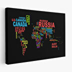 Siyah Zemin İngilizce Ülke İsimli Dünya Haritası Dekoratif Kanvas Tablo, Duvar Dekoru 1015