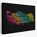 Siyah Zemin İller ve İlçeler Türkiye Haritası Renkli Dekoratif Kanvas Tablo, Duvar Dekoru 1016