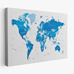 Mavi Tonlar İngilizce Dünya Haritası Dekoratif Kanvas Tablo, Duvar Dekoru 1051