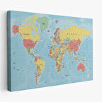 Meridyenli İngilizce Dünya Haritası Renkli Dekoratif Kanvas Tablo, Duvar Dekoru 1080