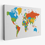 Beyaz Zemin Canlı Renkler İngilizce Dünya Haritası Dekoratif Kanvas Tablo, Duvar Dekoru 1096