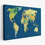 Koyu Mavi Zemin İngilizce Dünya Haritası Dekoratif Kanvas Tablo, Duvar Dekoru 1101
