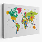 Ülke ve Başkentli İngilizce Dünya Haritası, Harita Dekoratif Kanvas Tablo, Duvar Dekoru 1545