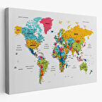 Detaylı Eğitici Türkçe Dünya Haritası Renkli Dekoratif Kanvas Tablo, Duvar Dekoru 1628