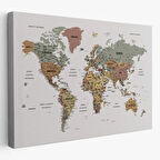 Renkli Zeminli Detaylı Türkçe Dünya Haritası, Harita Dekoratif Kanvas Tablo, Duvar Dekoru 1701