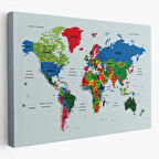 Renkli Zeminli Detaylı Türkçe Dünya Haritası, Harita Dekoratif Kanvas Tablo, Duvar Dekoru 1703