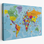 Detaylı ve Okyanuslu İngilizce Dünya Haritası, Harita Dekoratif Kanvas Tablo, Duvar Dekoru 1990