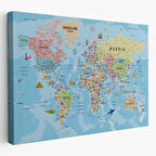 Detaylı İngilizce Dünya Haritası, Harita Dekoratif Kanvas Tablo, Duvar Dekoru 2013