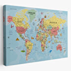 Ünlü Yerler Eğitici İngilizce Dünya Haritası Dekoratif Kanvas Tablo, Duvar Dekoru 2019