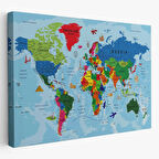 Detaylı İngilizce Dünya Haritası, Harita Dekoratif Kanvas Tablo, Duvar Dekoru 2037