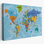 Detaylı İngilizce Dünya Haritası, Harita Dekoratif Kanvas Tablo, Duvar Dekoru 2041
