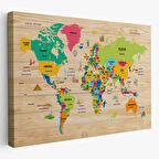 Detaylı Ahşap Görünümlü Türkçe Dünya Haritası Dekoratif Kanvas Tablo, Duvar Dekoru 2098