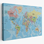 Okyanuslu Detaylı Eğitici Türkçe Dünya Haritası Dekoratif Kanvas Tablo, Duvar Dekoru 2160