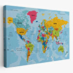 Detaylı Okyanuslu Türkçe Dünya Haritası, Harita Dekoratif Kanvas Tablo, Duvar Dekoru 2170