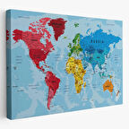 Detaylı Okyanuslu İngilizce Dünya Haritası, Harita Dekoratif Kanvas Tablo, Duvar Dekoru 2181