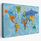 Detaylı Okyanuslu İngilizce Dünya Haritası, Harita Dekoratif Kanvas Tablo, Duvar Dekoru 2188