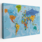 Detaylı Okyanuslu İngilizce Dünya Haritası, Harita Dekoratif Kanvas Tablo, Duvar Dekoru 2189