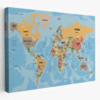 Ülke Başkentli Okyanuslu İngilizce Dünya Haritası Dekoratif Kanvas Tablo, Duvar Dekoru 2229