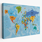 Ülke Başkentli Okyanuslu Türkçe Dünya Haritası Dekoratif Kanvas Tablo, Duvar Dekoru 2260