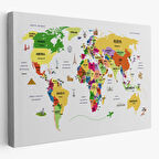 Ülke Başkentli Sembollü Eğitici Türkçe Dünya Haritası Dekoratif Kanvas Tablo, Duvar Dekoru 2286