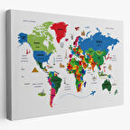 Ülke Başkent Sembollü Eğitici Türkçe Dünya Haritası Dekoratif Kanvas Tablo, Duvar Dekoru 2330