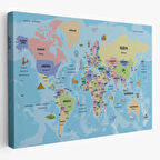 Sembollü ve Okyanuslu Eğitici Türkçe Dünya Haritası Dekoratif Kanvas Tablo, Duvar Dekoru 2460