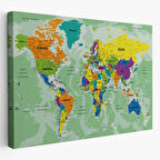 Okyanus Detaylı Eğitici Öğretici Türkçe Dünya Haritası Dekoratif Kanvas Tablo, Duvar Dekoru 2502