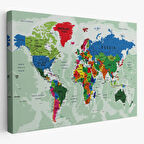 Detaylı ve Okyanuslu Eğitici İngilizce Dünya Haritası Dekoratif Kanvas Tablo, Duvar Dekoru 2553