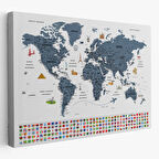 Detaylı Sembollü Bayraklı  Türkçe Dünya Haritası Dekoratif Kanvas Tablo, Duvar Dekoru 2842