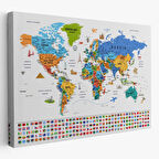 Detaylı Sembollü Bayraklı  İngilizce Dünya Haritası Dekoratif Kanvas Tablo, Duvar Dekoru 2885