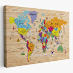 Ahşap Görünümlü ve Sembollü İngilizce Dünya Haritası Dekoratif Kanvas Tablo, Duvar Dekoru 2904