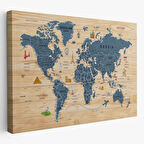 Ahşap Görünüm Sembollü  İngilizce Dünya Haritası Dekoratif Kanvas Tablo, Duvar Dekoru 2912