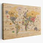 Ahşap Görünüm Sembollü  Türkçe Dünya Haritası Dekoratif Kanvas Tablo, Duvar Dekoru 2925