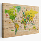 Ahşap Görünüm Sembollü  Türkçe Dünya Haritası Dekoratif Kanvas Tablo, Duvar Dekoru 2947