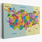 Komşulu İl ve İlçe Detaylı Türkiye Haritası, Harita Dekoratif Kanvas Tablo, Duvar Dekoru 3001