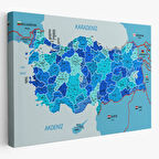 Komşulu İl ve İlçe Detaylı Türkiye Haritası, Harita Dekoratif Kanvas Tablo, Duvar Dekoru 3002